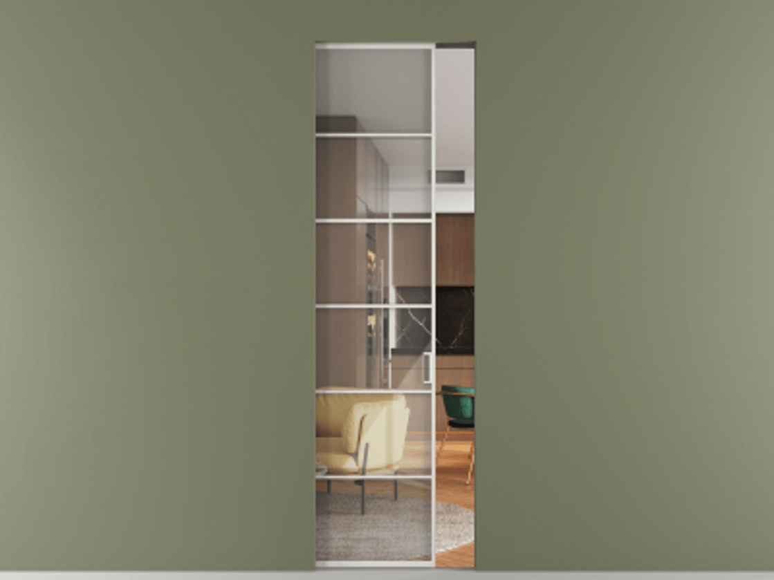 Перегородка Formato скрытый пенал 1 створка АЛПР 040.04 Алюминий Белый Рефлективное прозрачное стекло "Stopsol", калёное Цена 9500 AZE | Volhovec