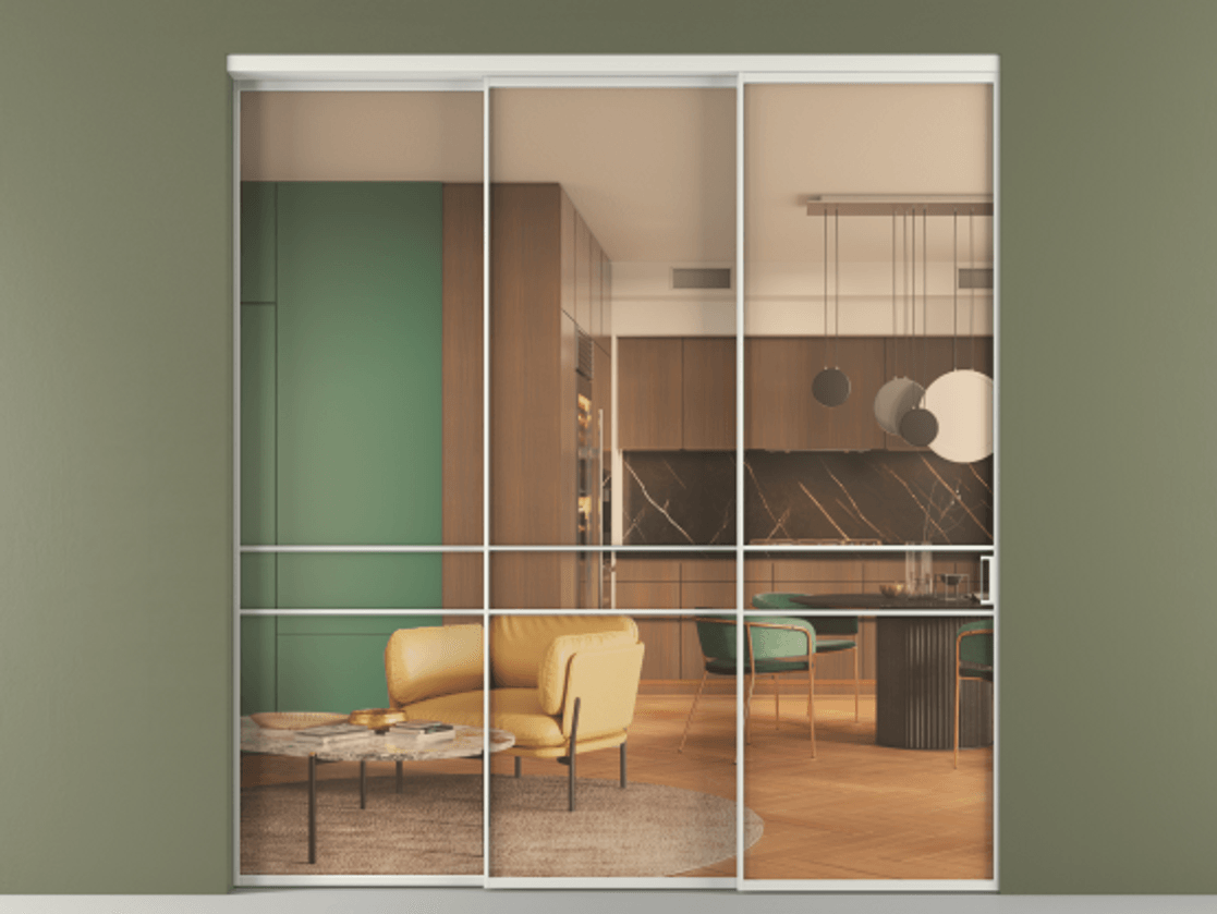 Перегородка Формато внутри проёма 3 створки с синхронным механизмом АЛПР 040.02 Алюминий серый Прозрачное оранжевое стекло, триплекс Цена 18000 AZE  | Volhovec