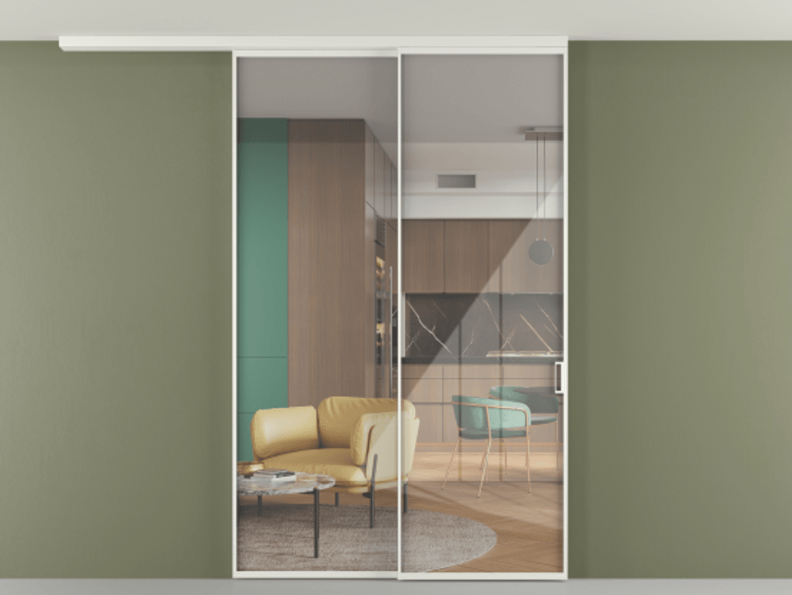 Перегородка Формато вдоль стены на потолок 2 створки с синхронным механизмом АЛПР 040.01 Алюминий светло-серый Рефлективное прозрачное стекло "Стопсол", калёное Цена 16430 AZE | Volhovec