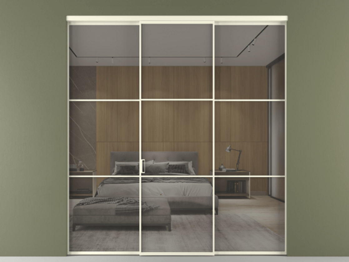 Перегородка Формато внутри проёма 3 створки АЛПР 040.03 Алюминий молочно-белый Рефлективное серое стекло "Стопсол", калёное Цена 16550 AZE | Volhovec