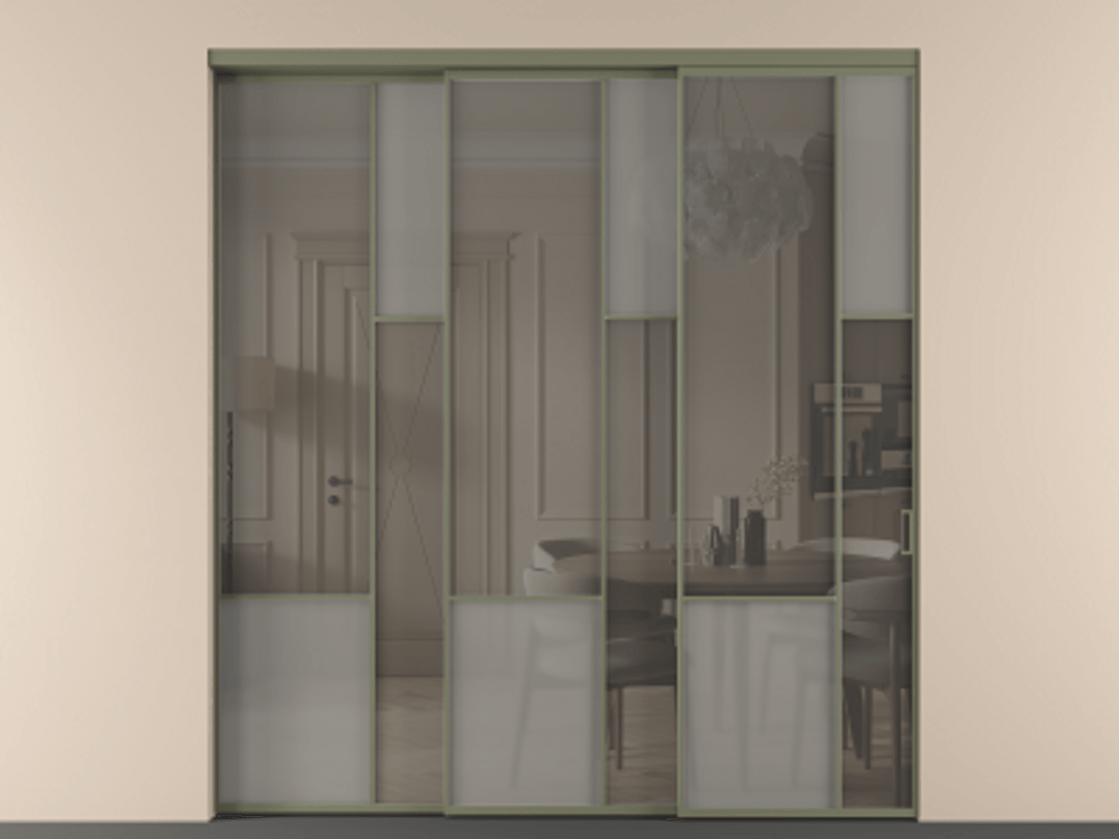 Перегородка Mosaic внутри проёма 3 створки с синхронным механизмом АЛПР 041.12 Алюминий оливковый тёмный Сатинированное серое стекло, триплекс, 6 мм + Прозрачное серое стекло, триплекс Цена 22800 AZE | Volhovec