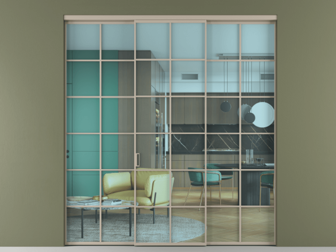 Перегородка Formato внутри проёма 3 створки АЛПР 040.05 Алюминий бисквитный Прозрачное голубое стекло, триплекс Цена 13900 AZE | Volhovec