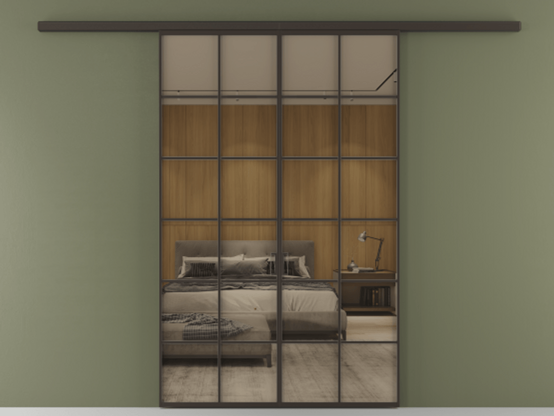 Перегородка Формато вдоль стены 2 створки АЛПР 040.05 Алюминий антрацит Рефлективное бронзовое стекло "Стопсол", калёное Цена 13790 AZE | Volhovec