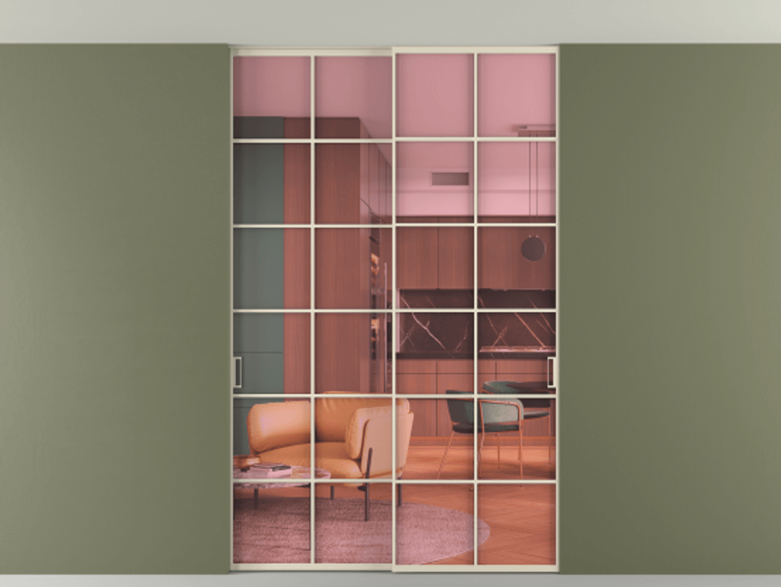 Перегородка Формато внутри проёма скрытое крепление в потолок 2 створки АЛПР 040.05 Алюминий бежево-серый Прозрачное розовое стекло, триплекс Цена 13600 AZE | Volhovec