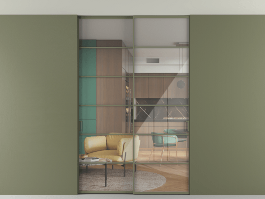 Перегородка Формато внутри проёма скрытое крепление в потолок 2 створки АЛПР 040.04 Алюминий оливковый тёмный Рефлективное прозрачное стекло "Стопсол", калёное Цена 16820 AZE | Volhovec