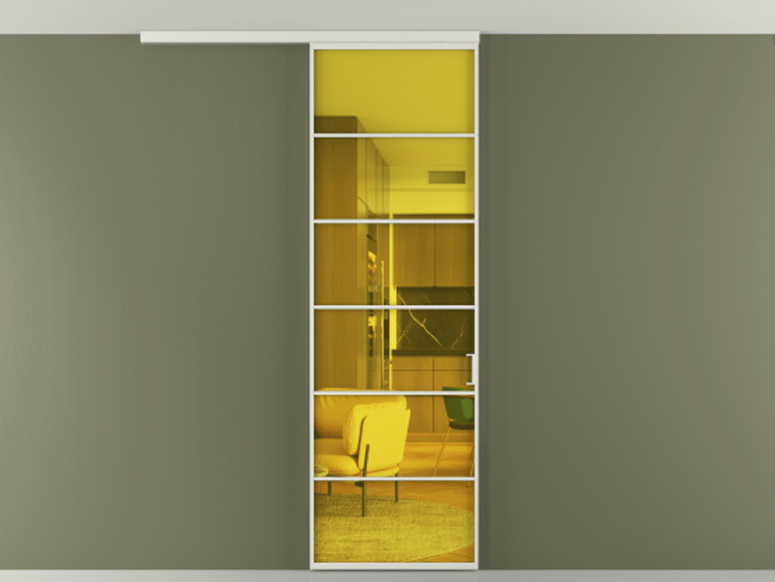 Перегородка Формато вдоль стены на потолок 1 створка АЛПР 040.04 Алюминий серый Прозрачное жёлтое стекло, триплекс Цена 5400 AZE | Volhovec