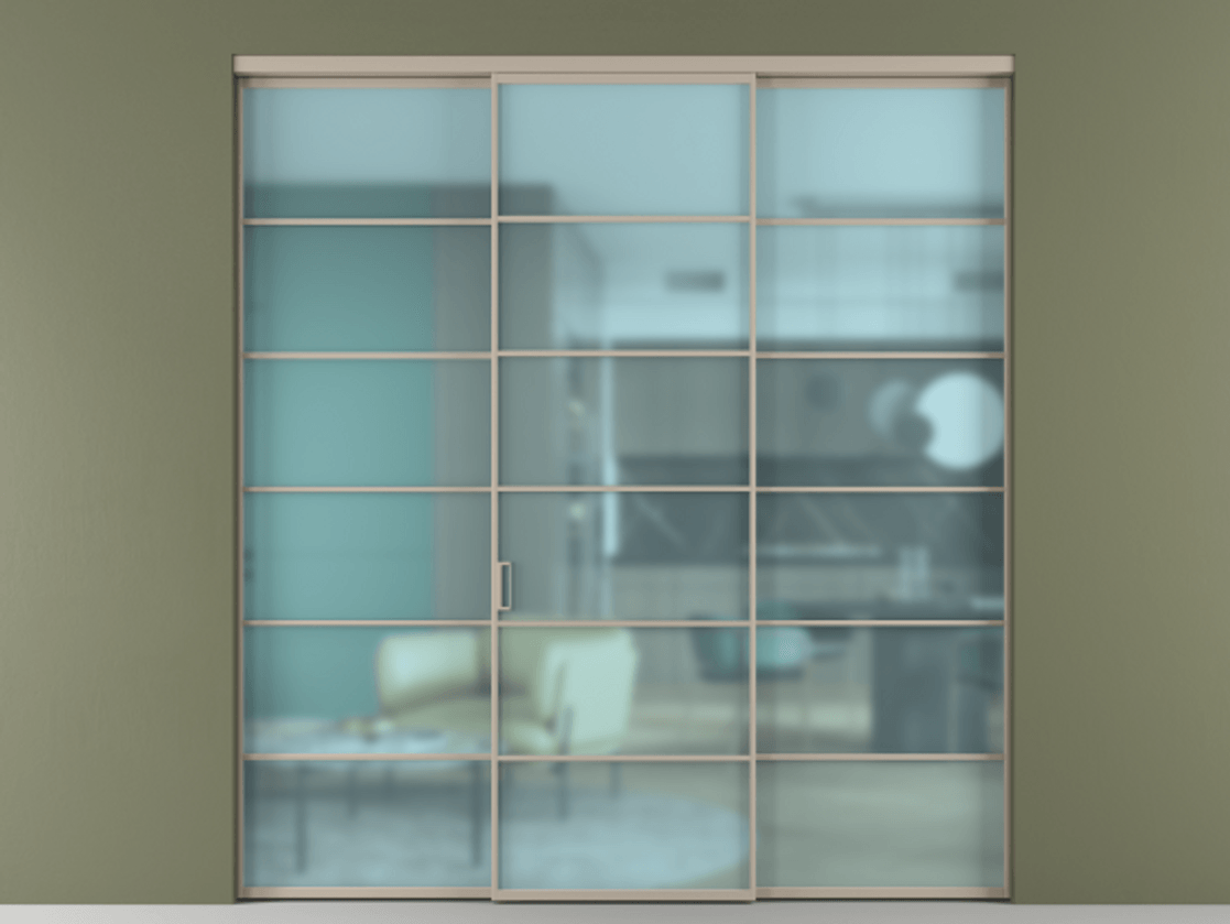 Перегородка Формато внутри проёма 3 створки АЛПР 040.04 Алюминий бисквитный Сатинированное голубое стекло, триплекс Цена 13300 AZE | Volhovec