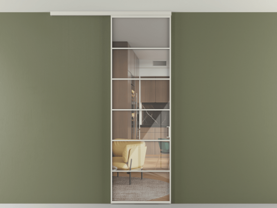 Перегородка Formato вдоль стены на потолок 1 створка АЛПР 040.04 Алюминий тёплый серый Рефлективное прозрачное стекло "Stopsol", калёное Цена 6990 AZE | Volhovec