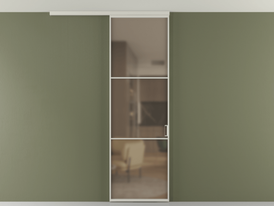 Перегородка Формато вдоль стены на потолок 1 створка АЛПР 040.03 Алюминий тёплый серый Сатинированное бронзовое стекло, триплекс Цена 5050 AZE | Volhovec