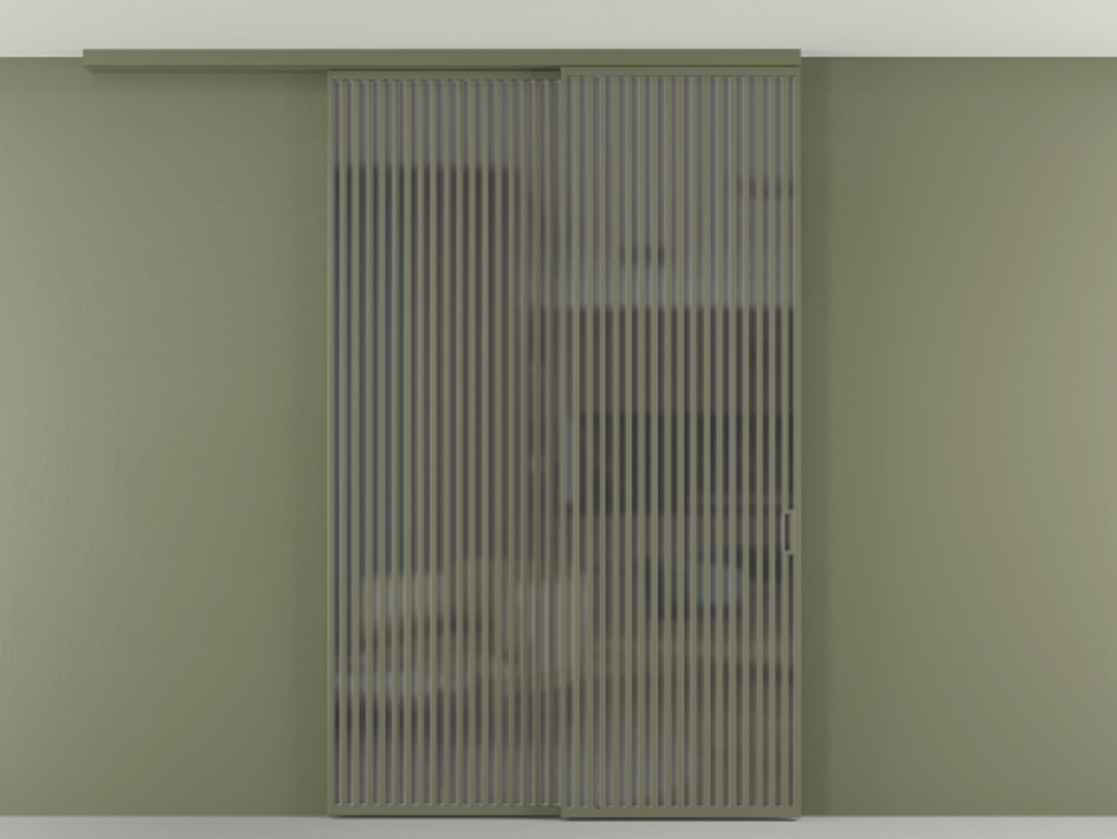 Перегородка Формато вдоль стены на потолок 2 створки с синхронным механизмом АЛПР 040.06 Алюминий оливковый тёмный Сатинированное серое стекло, триплекс Цена 23480 AZE | Volhovec