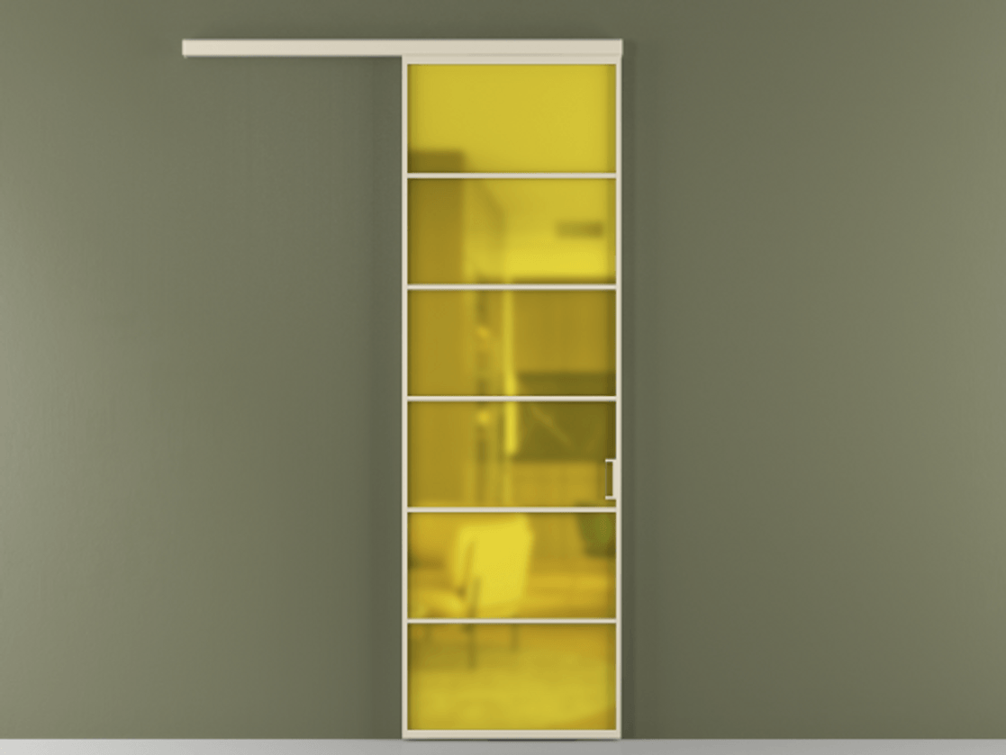 Межкомнатная дверь New Перегородка Formato вдоль стены одностворчатая АЛПР 040.04 Алюминий бежево-серый Сатинированное жёлтое стекло, триплекс Цена 5700  | Volhovec