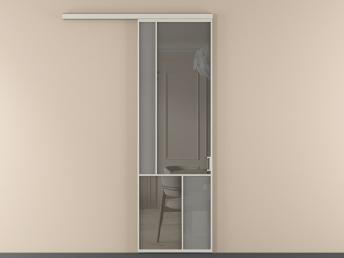 Перегородка Mosaic вдоль стены 1 створка АЛПР 041.20 Алюминий облачно-серый Сатинированное серое стекло, триплекс, 6 мм + Прозрачное серое стекло, триплекс Цена 7140 AZE | Volhovec