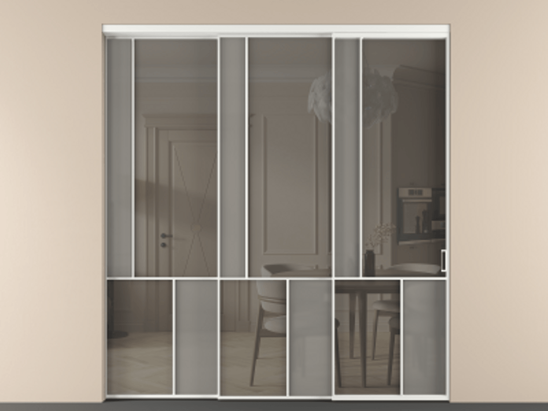 Перегородка Мозаик внутри проёма 3 створки с синхронным механизмом АЛПР 041.20  Алюминий белоснежный Сатинированное серое стекло, триплекс, 6 мм + Прозрачное серое стекло, триплекс Цена 22800 AZE | Volhovec