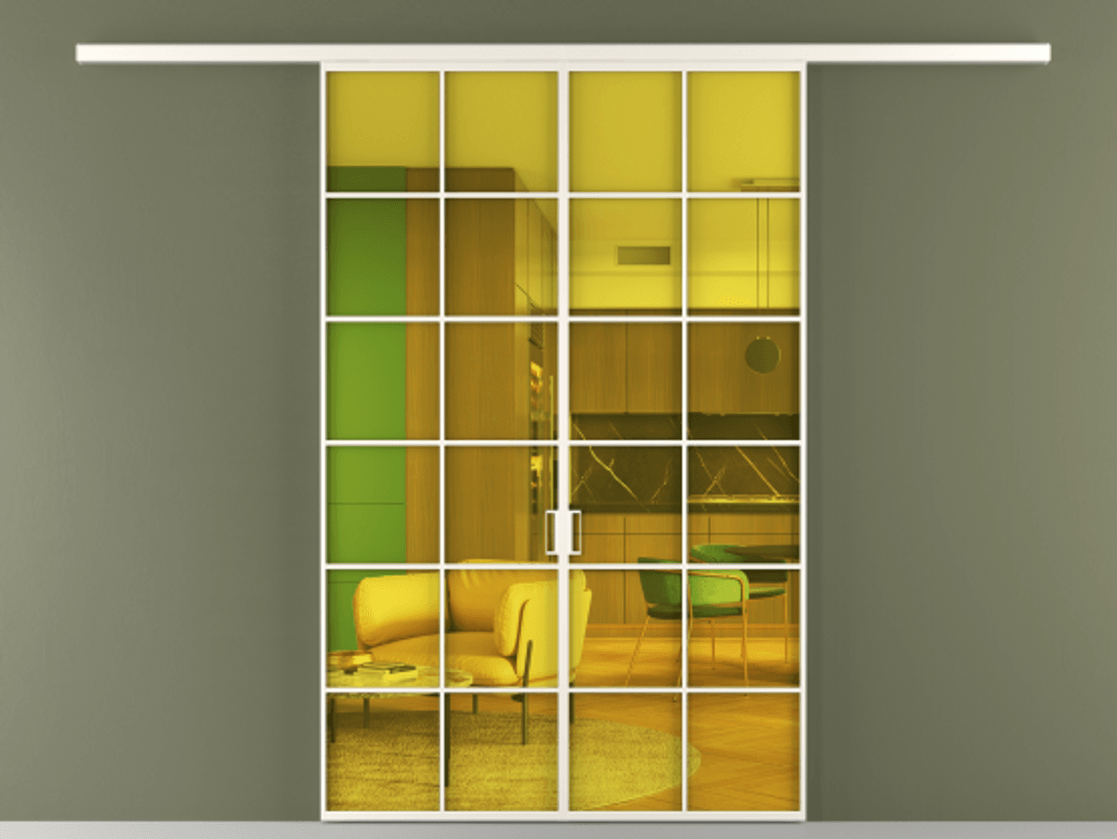 Перегородка Формато вдоль стены 2 створки АЛПР 040.05 Алюминий пудровый белый Прозрачное жёлтое стекло, триплекс Цена 10800 AZE | Volhovec