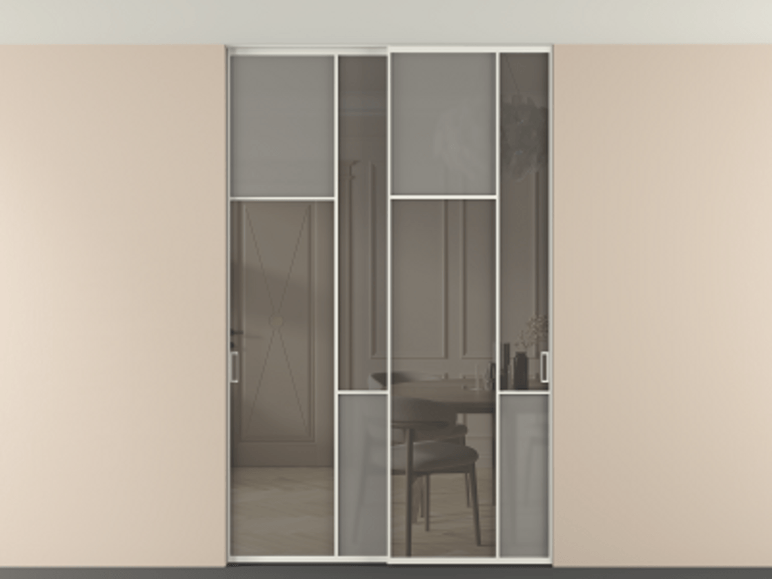 Перегородка Мозаик внутри проёма скрытое крепление в потолок 2 створки АЛПР 041.10 Алюминий серый Сатинированное серое стекло, триплекс, 6 мм + Прозрачное серое стекло, триплекс Цена 16920 AZE | Volhovec