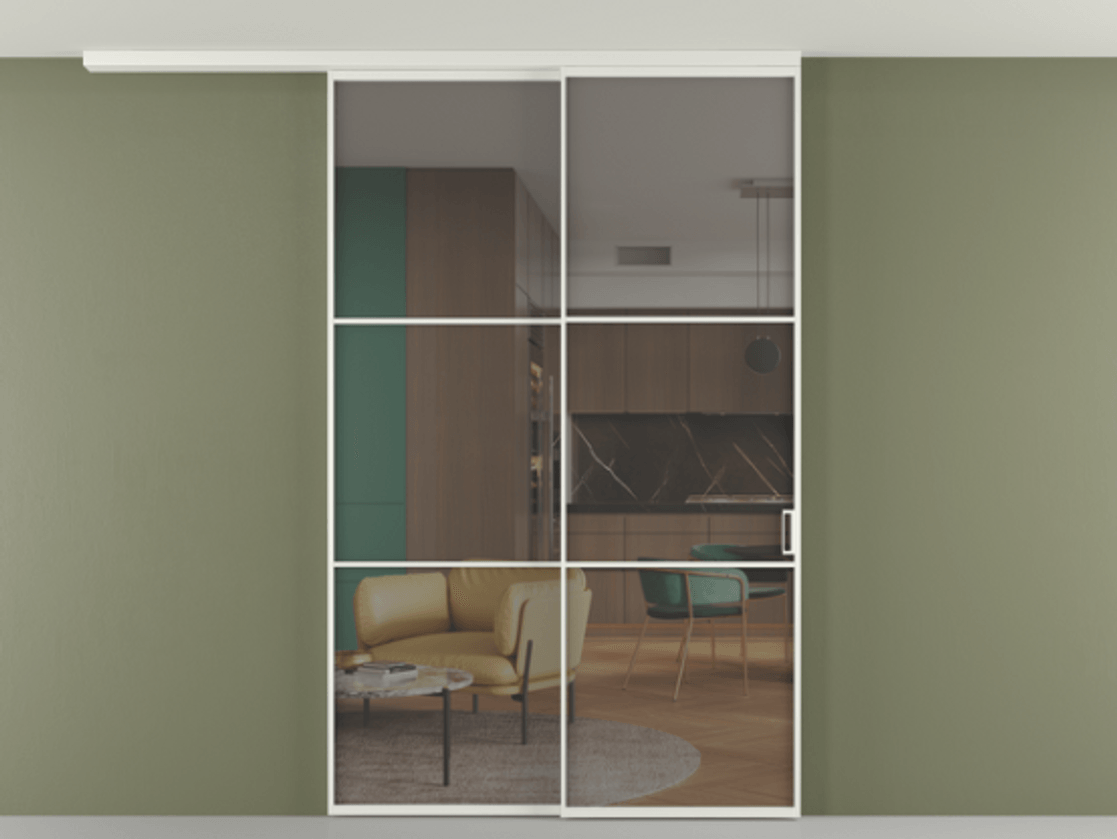 Перегородка Формато вдоль стены на потолок 2 створки с синхронным механизмом АЛПР 040.03 Алюминий светло-серый Прозрачное серое стекло, триплекс Цена 16210 AZE | Volhovec