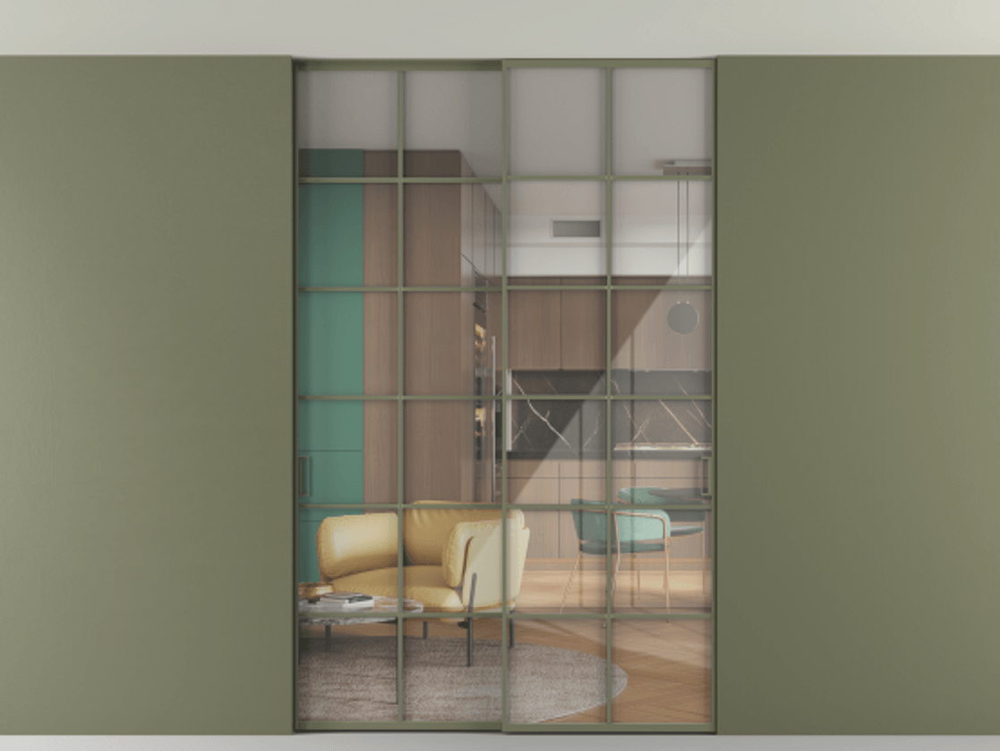 Перегородка Формато внутри проёма скрытое крепление в потолок 2 створки АЛПР 040.05 Алюминий оливковый тёмный Рефлективное прозрачное стекло "Стопсол", калёное Цена 16820 AZE | Volhovec