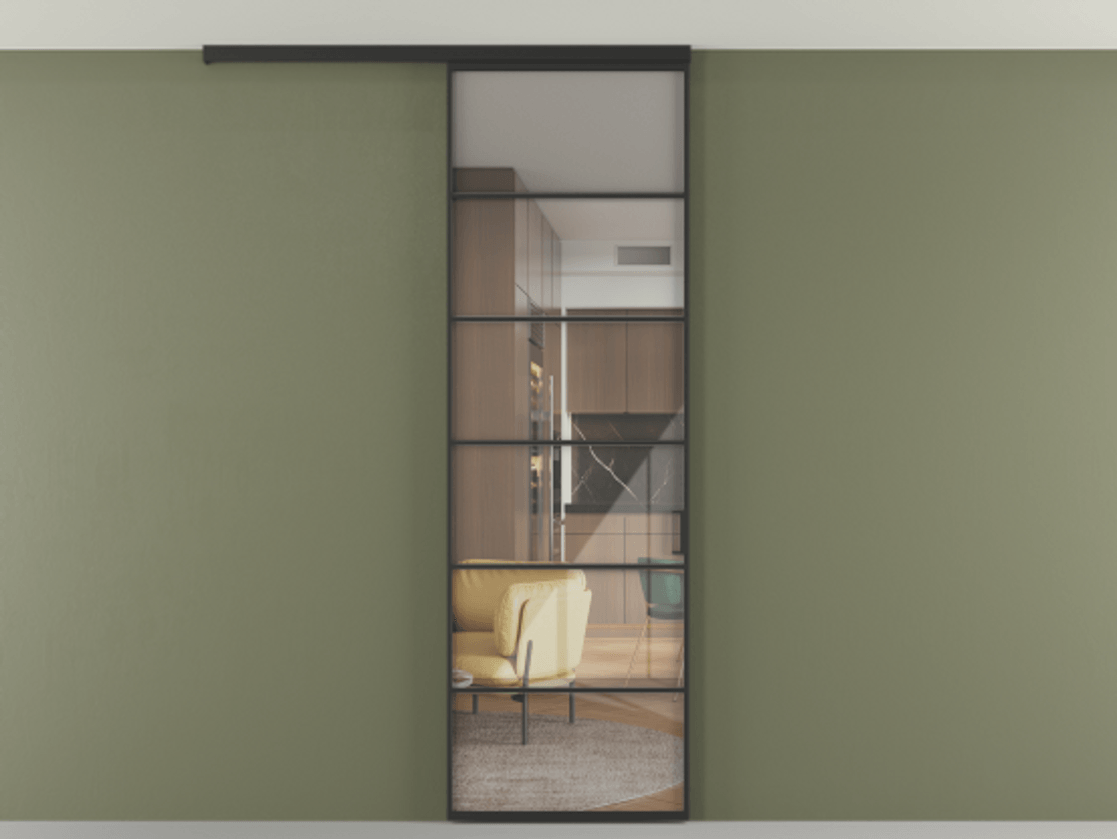 Перегородка Формато вдоль стены на потолок 1 створка АЛПР 040.04 Алюминий Черный Рефлективное прозрачное стекло "Стопсол", калёное Цена 6720 AZE | Volhovec