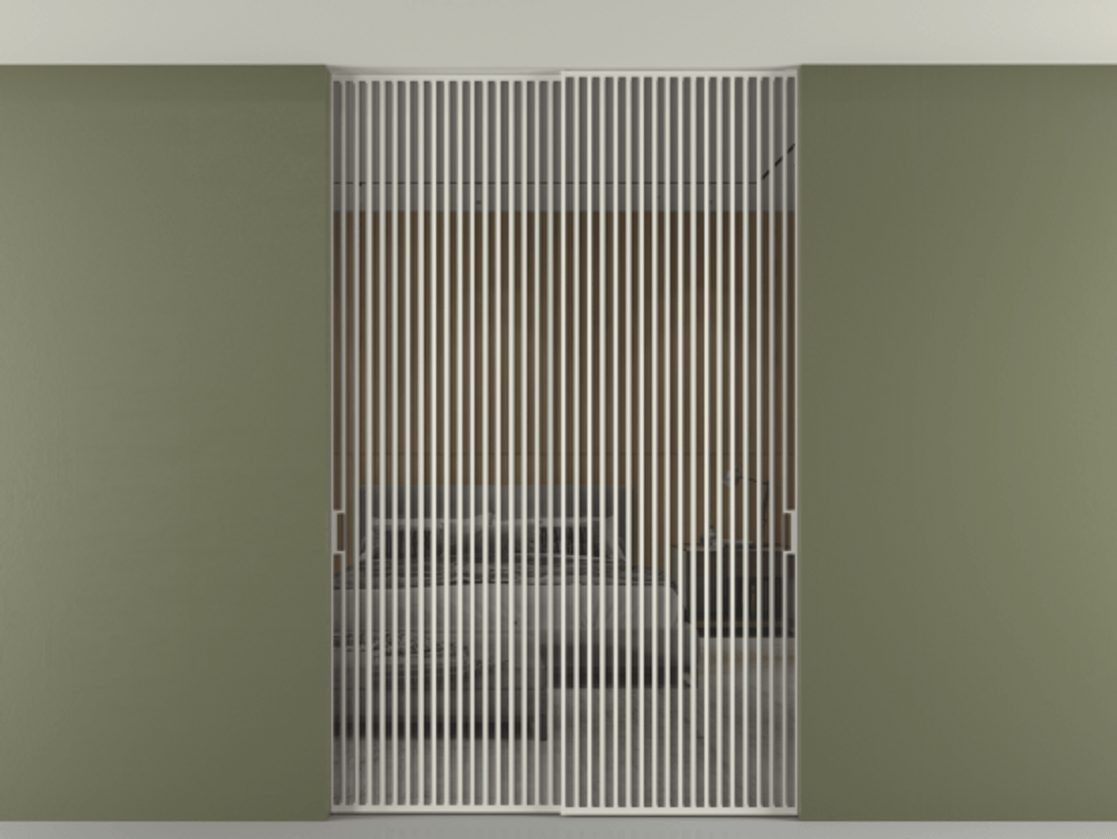 Перегородка Формато внутри проёма скрытое крепление в потолок 2 створки АЛПР 040.06 Алюминий Белый Рефлективное серое стекло "Стопсол", калёное Цена 26210 AZE | Volhovec