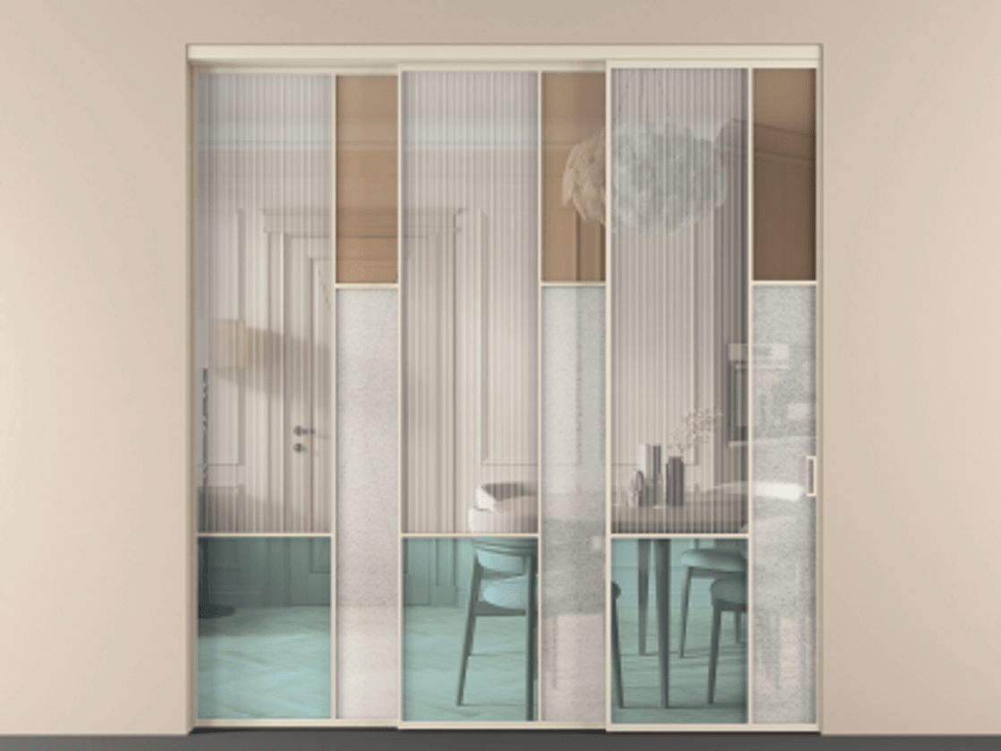 Перегородка Mosaic внутри проёма 3 створки с синхронным механизмом АЛПР 041.12 Алюминий бежево-серый Комбинация стекол Группы 1 и Группы 3 Цена 23700 AZE | Volhovec