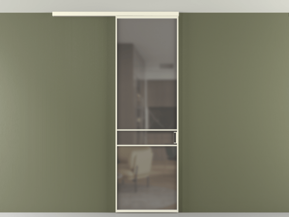 Перегородка Формато вдоль стены на потолок 1 створка АЛПР 040.02 Алюминий молочно-белый Сатинированное серое стекло, триплекс Цена 5050 AZE | Volhovec