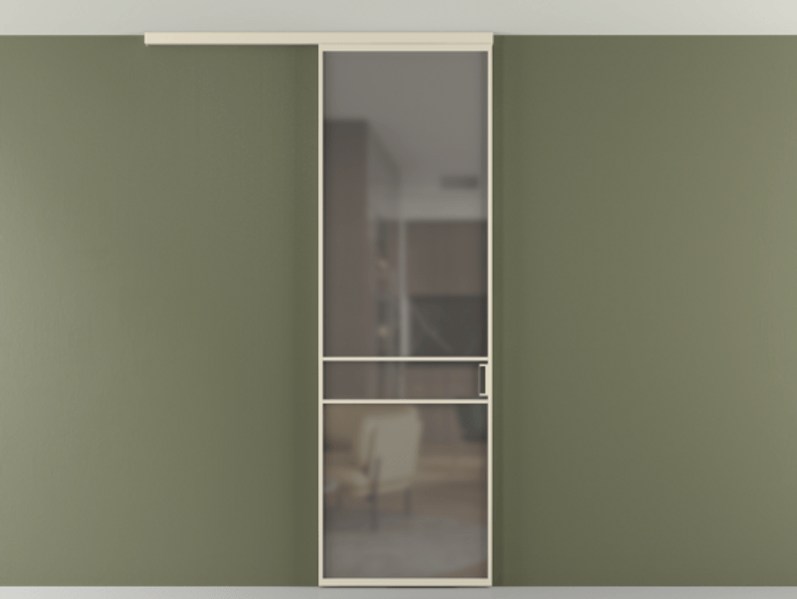 Перегородка Формато вдоль стены на потолок 1 створка АЛПР 040.02 Алюминий бежево-серый Сатинированное серое стекло, триплекс Цена 5050 AZE | Volhovec