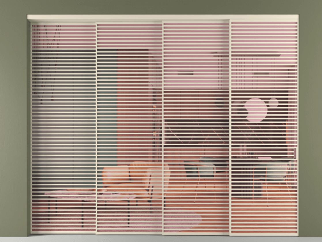 Перегородка Formato внутри проёма 4 створки с синхронным механизмом АЛПР 040.07 Алюминий бежево-серый Прозрачное розовое стекло, триплекс Цена 777320 ₽ | Volhovec