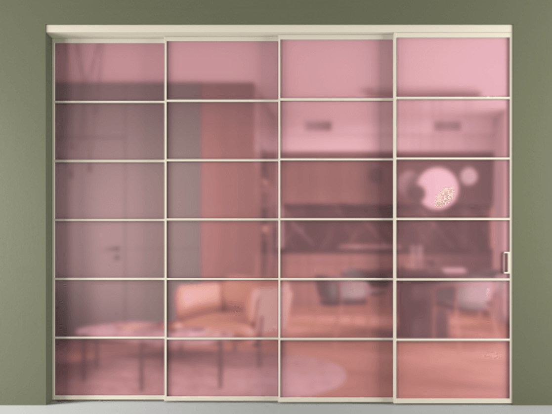 Перегородка Formato внутри проёма 4 створки с синхронным механизмом АЛПР 040.04 Алюминий бежево-серый Сатинированное розовое стекло, триплекс Цена 808080 сом | Volhovec