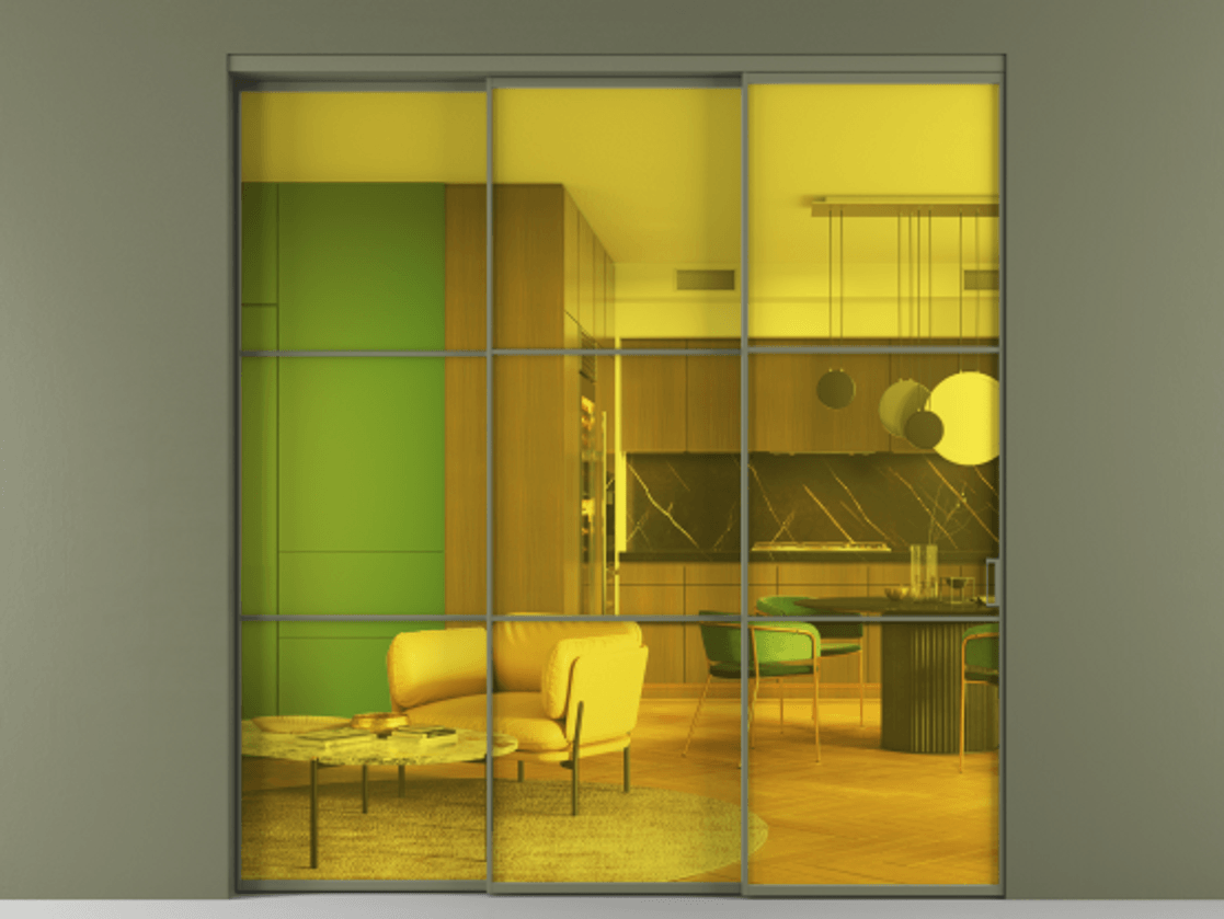 Перегородка Formato внутри проёма 3 створки с синхронным механизмом АЛПР 040.03 Алюминий оливковый тёмный Прозрачное жёлтое стекло, триплекс Цена 18000 AZE  | Volhovec