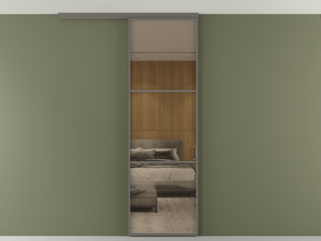 Перегородка Формато вдоль стены на потолок 1 створка АЛПР 040.03 Алюминий классический серый Рефлективное бронзовое стекло "Стопсол", калёное Цена 5600 AZE | Volhovec