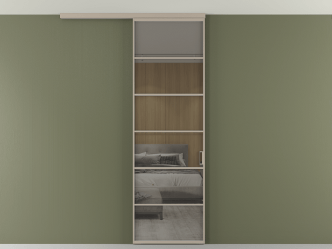 Перегородка Formato вдоль стены на потолок 1 створка АЛПР 040.04 Алюминий бисквитный Рефлективное серое стекло "Stopsol", калёное Цена 6990 AZE | Volhovec