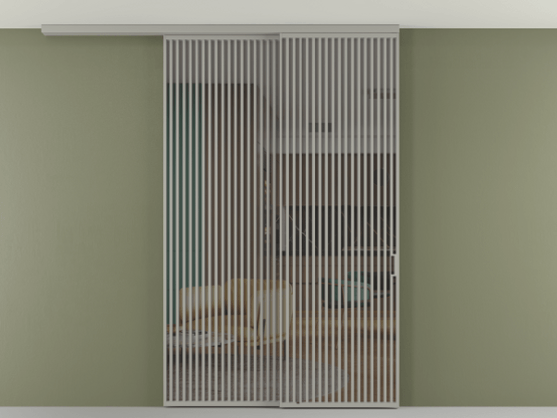 Перегородка Формато вдоль стены на потолок 2 створки с синхронным механизмом АЛПР 040.06 Алюминий нейтральный серый Прозрачное серое стекло, триплекс Цена 23480 AZE | Volhovec