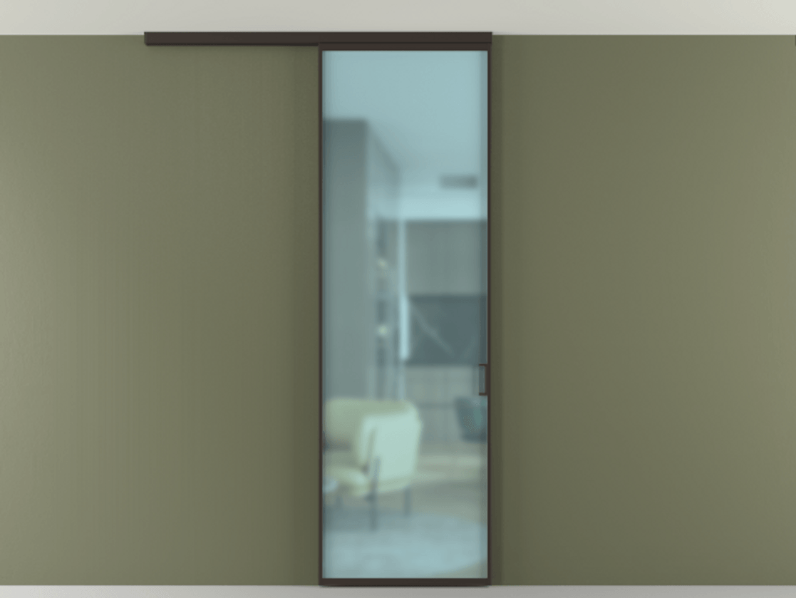 Перегородка Формато вдоль стены на потолок 1 створка АЛПР 040.01 Алюминий антрацит Сатинированное голубое стекло, триплекс Цена 4800 AZE | Volhovec