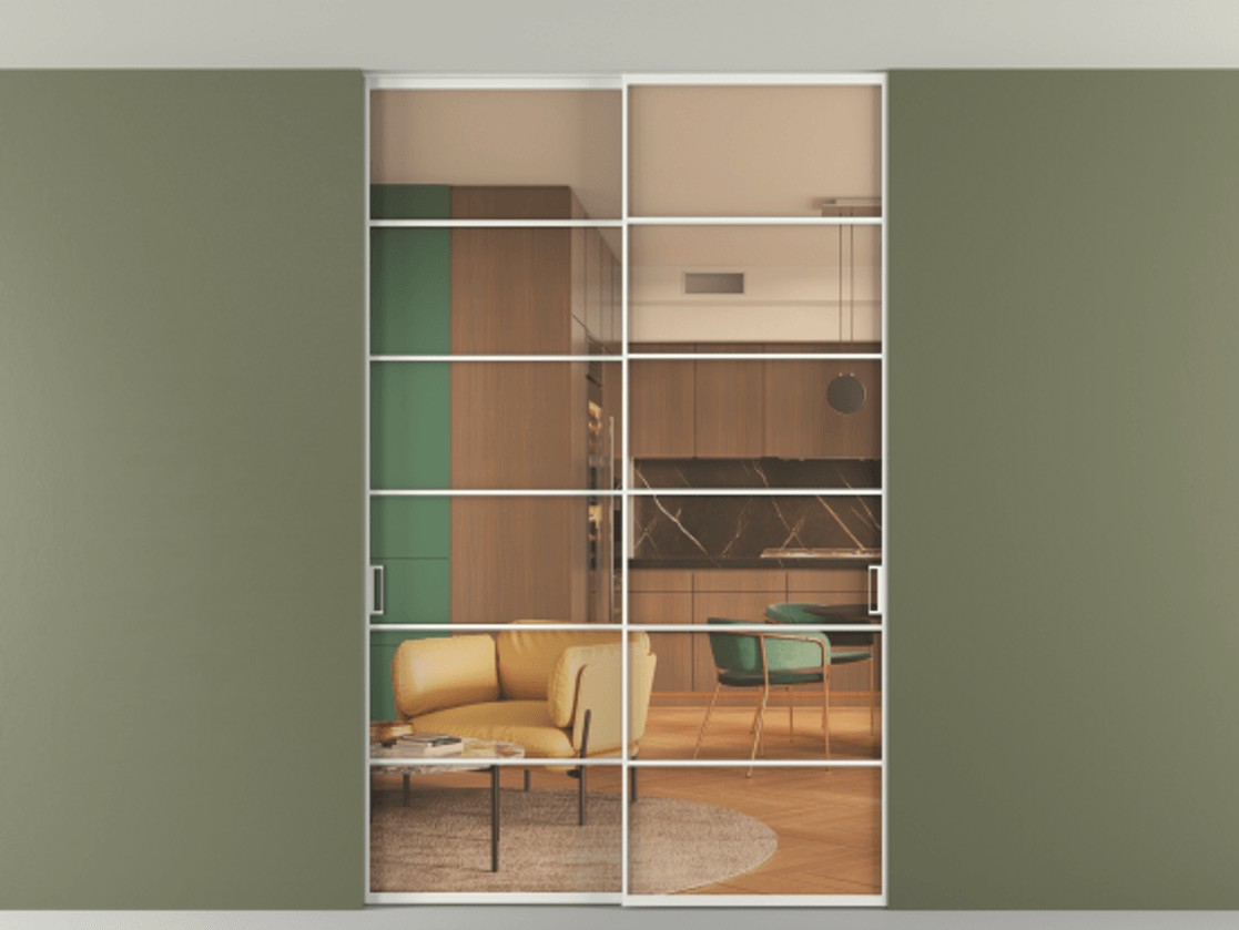 Перегородка Формато внутри проёма скрытое крепление в потолок 2 створки АЛПР 040.04 Алюминий светло-серый Прозрачное оранжевое стекло, триплекс Цена 13600 AZE | Volhovec