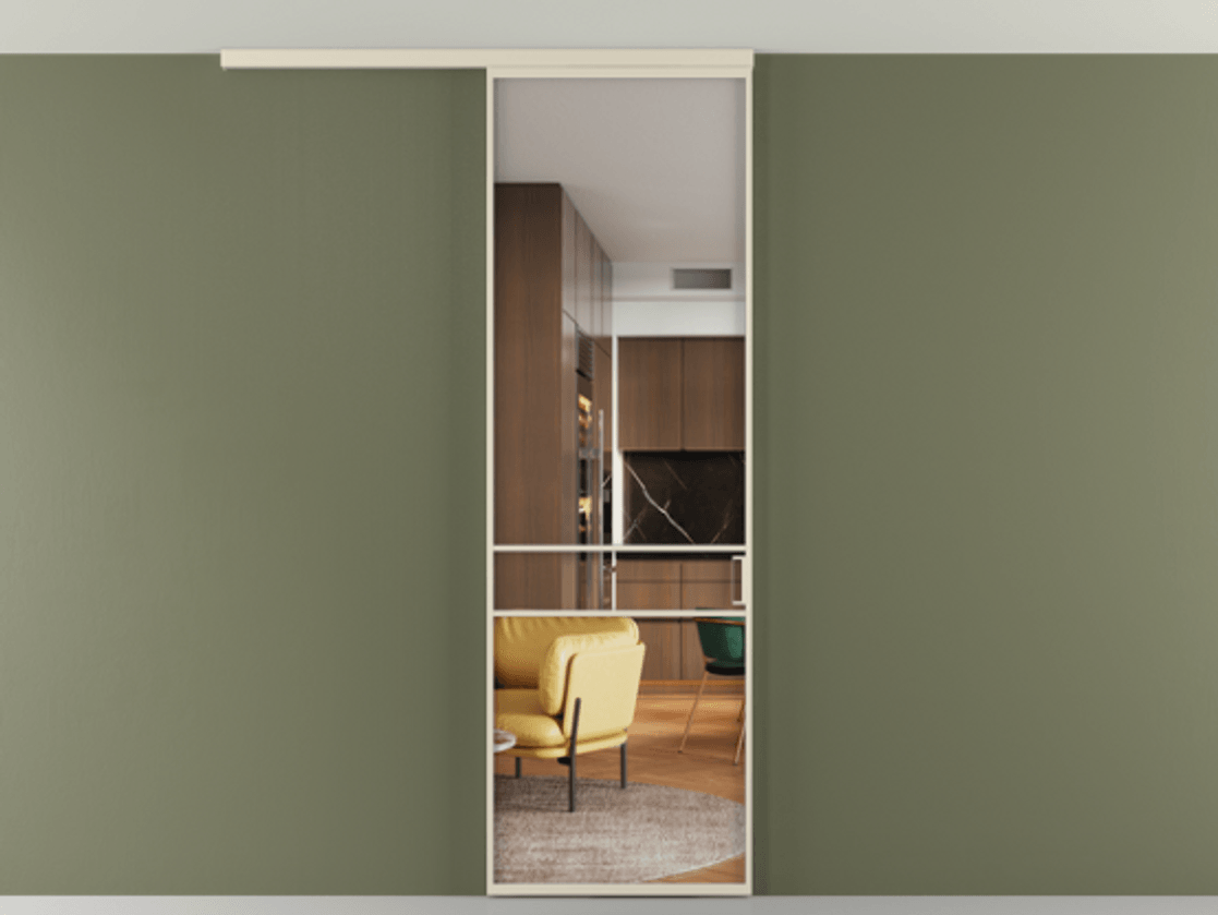 Перегородка Formato вдоль стены на потолок 1 створка АЛПР 040.02 Алюминий бежево-серый Прозрачное стекло "Crystal Vision", калёное Цена 6540 AZE | Volhovec