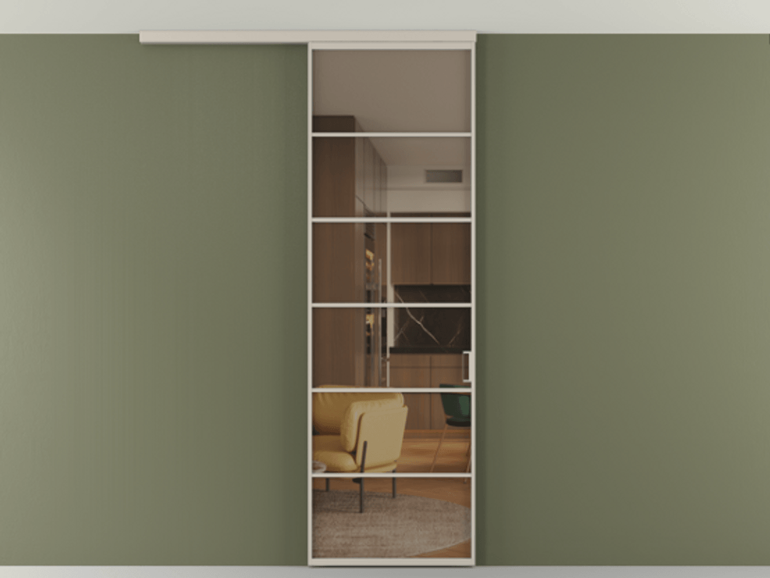 Перегородка Формато вдоль стены на потолок 1 створка АЛПР 040.04 Алюминий светло-бежевый Прозрачное бронзовое стекло, триплекс Цена 5620 AZE | Volhovec