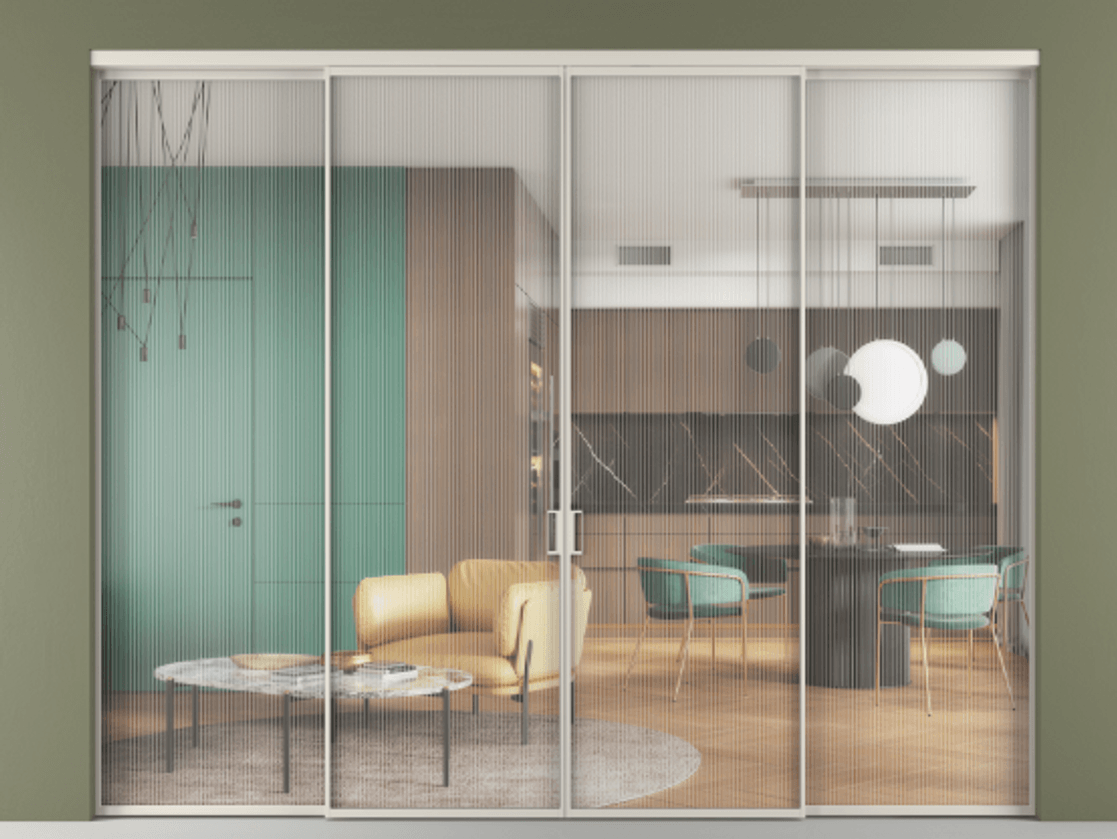 Перегородка Формато внутри проёма 4 створки АЛПР 040.01 Алюминий облачно-серый Рифлёное стекло "Мору", триплекс Цена 17200 AZE  | Volhovec