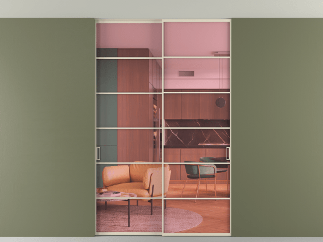 Перегородка Формато внутри проёма скрытое крепление в потолок 2 створки АЛПР 040.04 Алюминий бежево-серый Прозрачное розовое стекло, триплекс Цена 13600 AZE | Volhovec