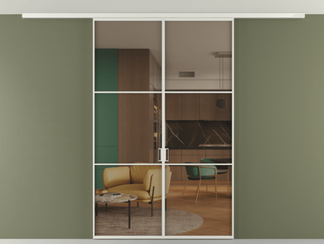 Перегородка Формато вдоль стены на потолок 2 створки АЛПР 040.03 Алюминий серый Прозрачное бронзовое стекло, триплекс Цена 9730 AZE | Volhovec