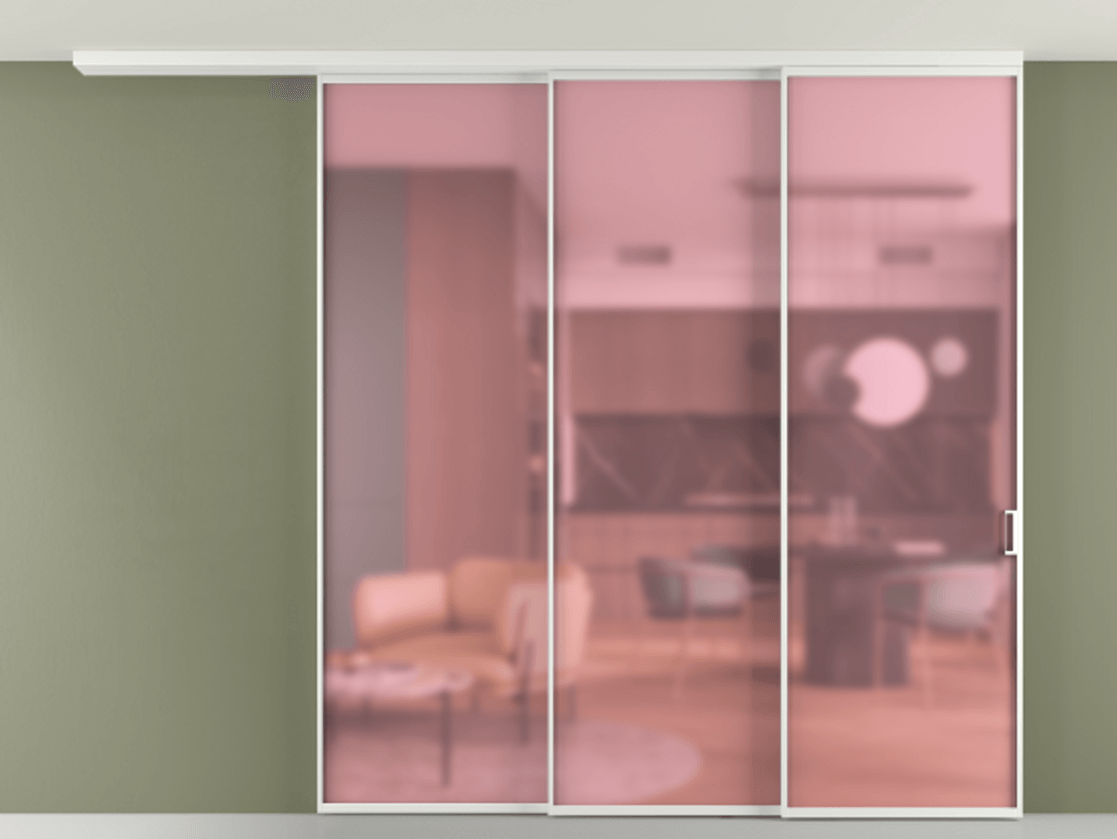 Перегородка Формато вдоль стены на потолок 3 створки с синхронным механизмом АЛПР 040.01 Алюминий белоснежный Сатинированное розовое стекло, триплекс Цена 19900 AZE | Volhovec