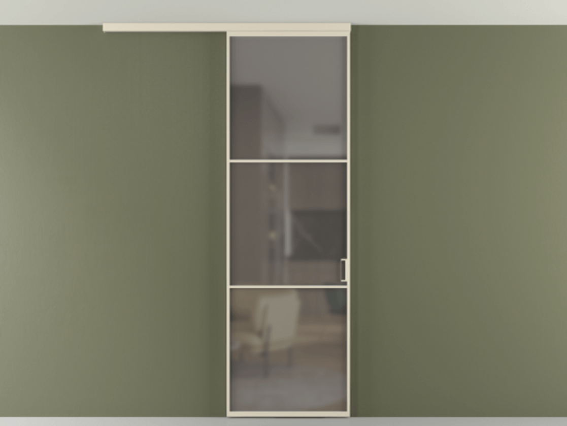 Перегородка Формато вдоль стены на потолок 1 створка АЛПР 040.03 Алюминий бежево-серый Сатинированное серое стекло, триплекс Цена 5050 AZE | Volhovec