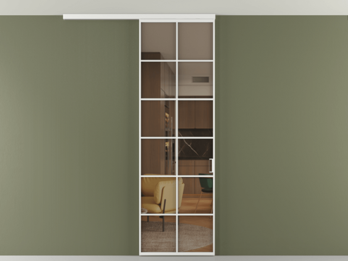 Перегородка Формато вдоль стены на потолок 1 створка АЛПР 040.05 Алюминий белоснежный Прозрачное бронзовое стекло, триплекс Цена 5380 AZE | Volhovec