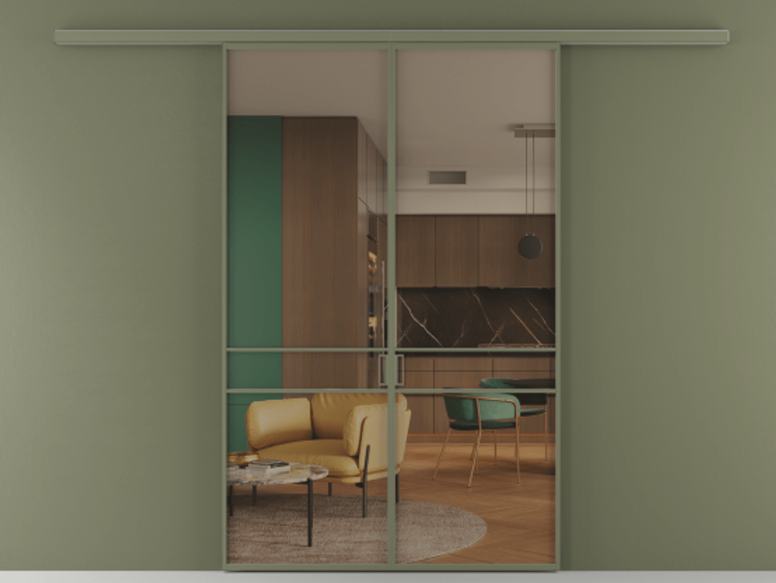 Перегородка Формато вдоль стены 2 створки АЛПР 040.02 Алюминий оливковый тёмный Прозрачное бронзовое стекло, триплекс Цена 10190 AZE | Volhovec