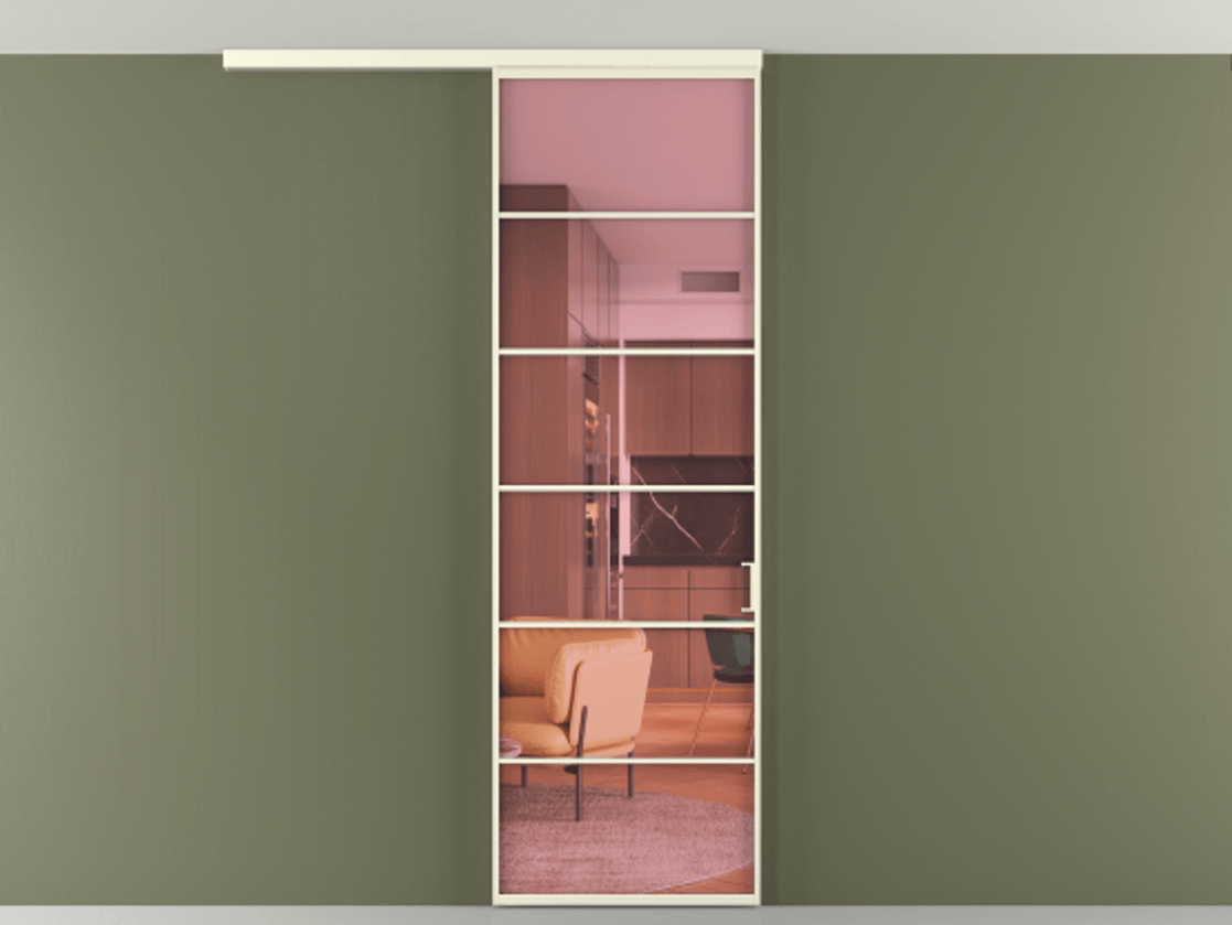 Перегородка Формато вдоль стены на потолок 1 створка АЛПР 040.04 Алюминий молочно-белый Прозрачное розовое стекло, триплекс Цена 5400 AZE | Volhovec