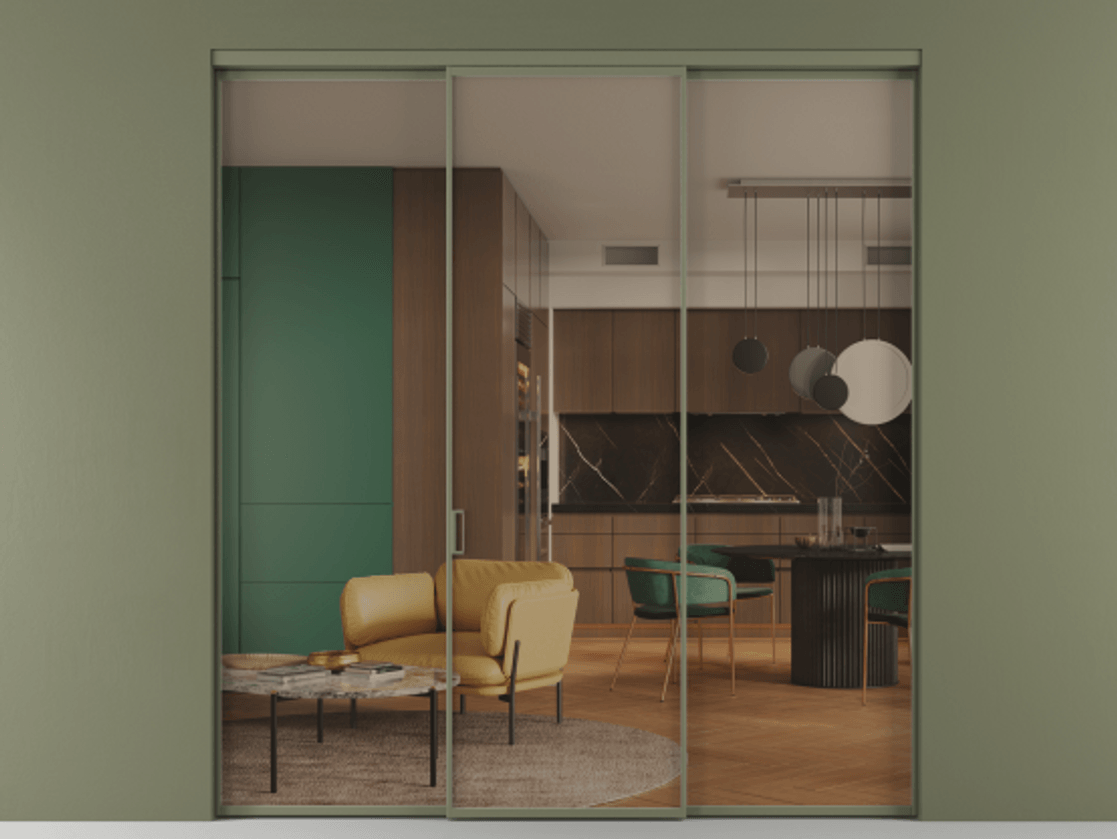 Перегородка Formato внутри проёма 3 створки АЛПР 040.01 Алюминий оливковый тёмный Прозрачное бронзовое стекло, триплекс Цена 11730 AZE | Volhovec