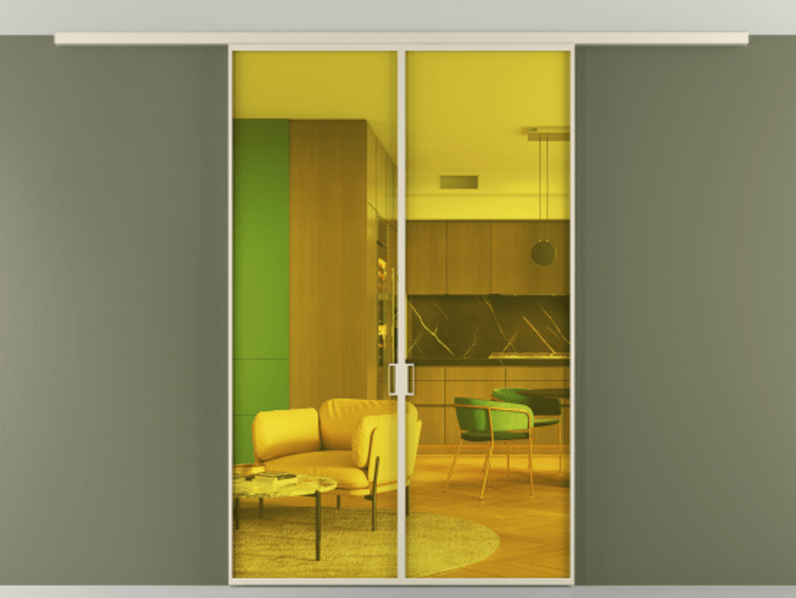 Перегородка Формато вдоль стены на потолок 2 створки АЛПР 040.01 Алюминий бежево-серый Прозрачное жёлтое стекло, триплекс Цена 9300 AZE | Volhovec