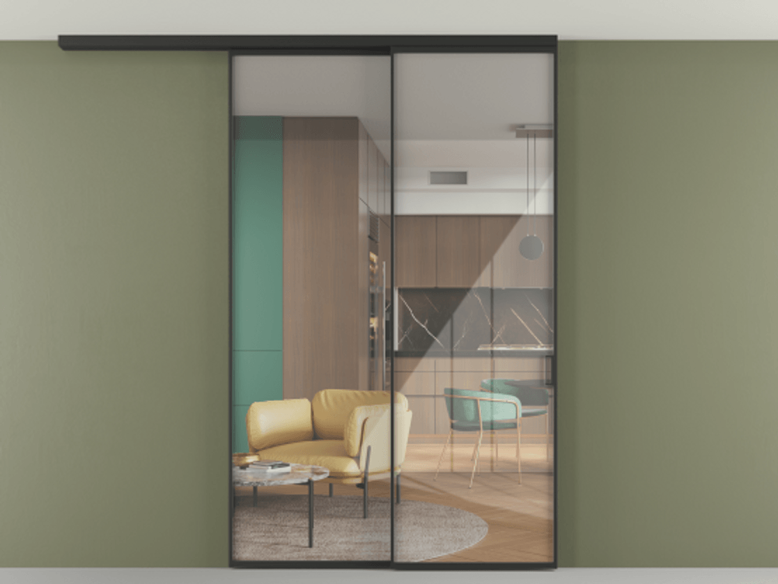 Перегородка Формато вдоль стены на потолок 2 створки с синхронным механизмом АЛПР 040.01 Алюминий Черный Рефлективное прозрачное стекло "Стопсол", калёное Цена 15670 AZE | Volhovec