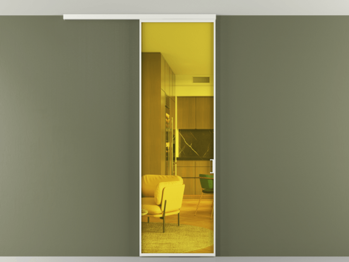 Перегородка Формато вдоль стены на потолок 1 створка АЛПР 040.01 Алюминий светло-серый Прозрачное жёлтое стекло, триплекс Цена 4800 AZE | Volhovec