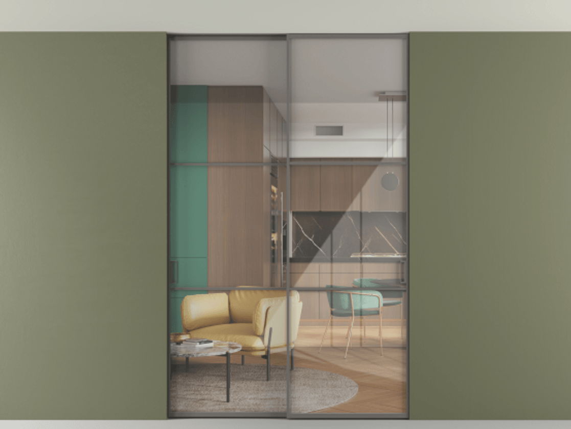 Перегородка Формато внутри проёма скрытое крепление в потолок 2 створки АЛПР 040.03 Алюминий классический серый Рефлективное прозрачное стекло "Стопсол", калёное Цена 15930 AZE | Volhovec