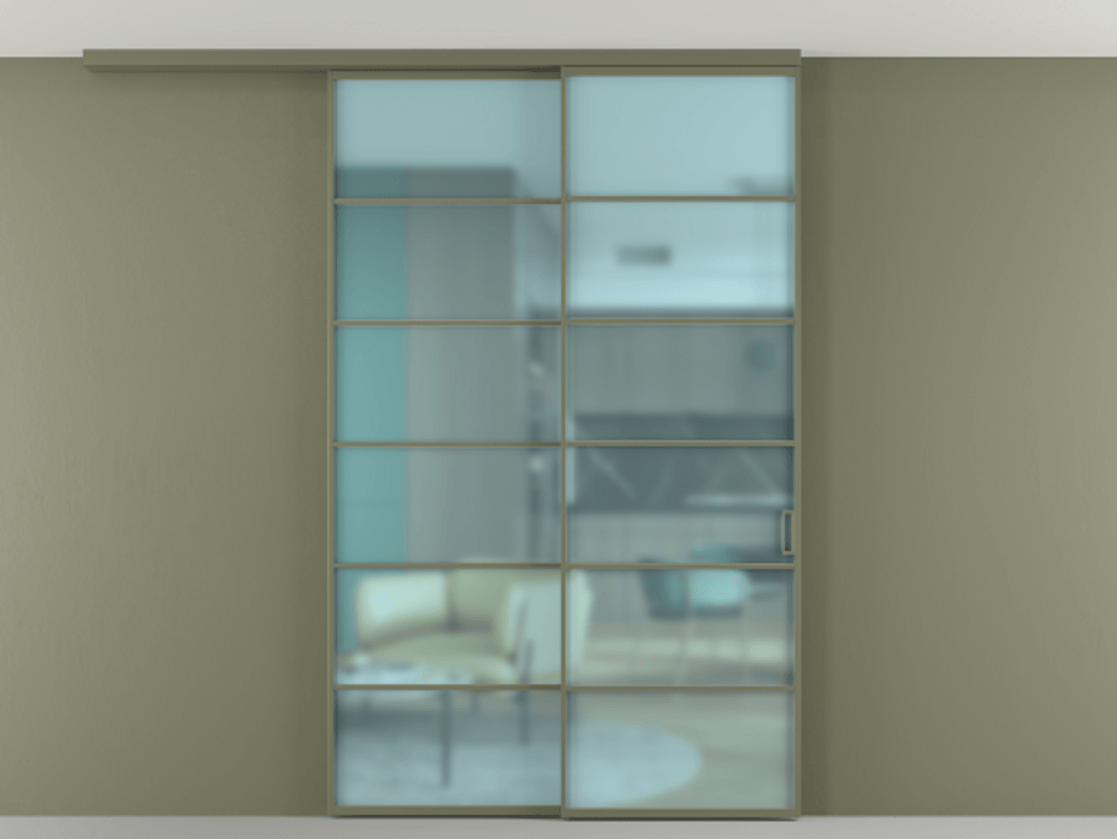 Перегородка Formato вдоль стены на потолок 2 створки с синхронным механизмом АЛПР 040.04 Алюминий оливковый тёмный Сатинированное голубое стекло, триплекс Цена 15200 AZE | Volhovec